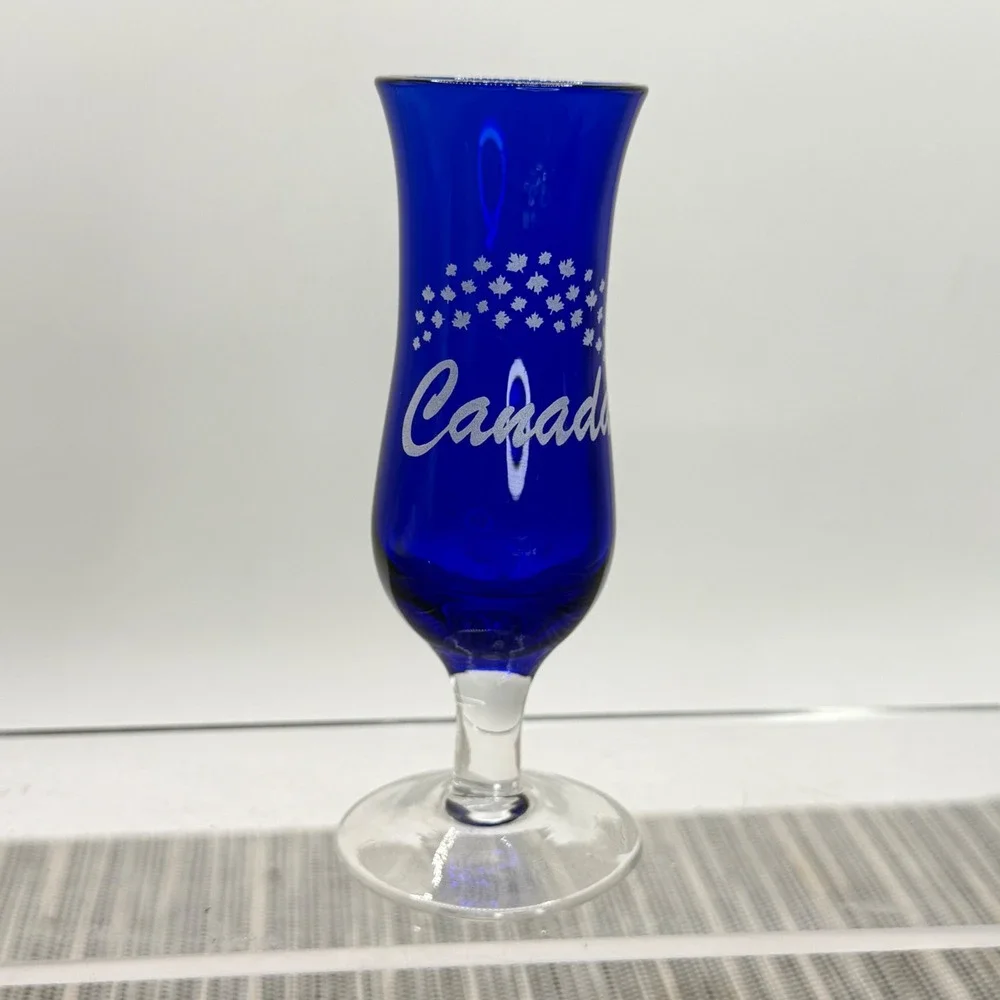 Cobalt Blue Canada Souvenir Shot Glass Etched Maple Leaf Footed Hurricane 4in